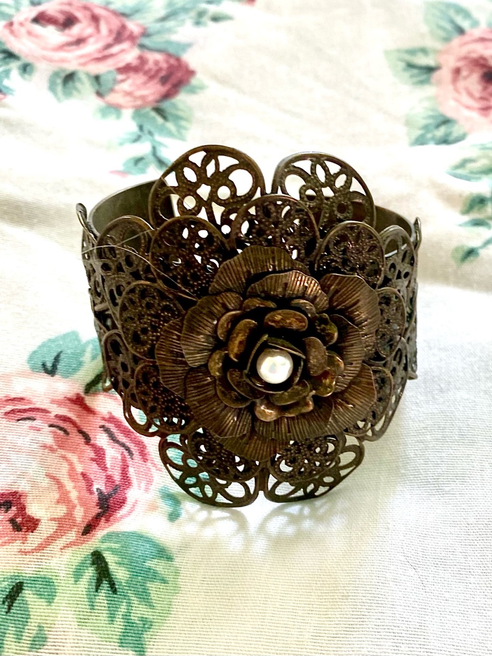 Filigree Rose Cuff Bracelet - Antique Gold Tone